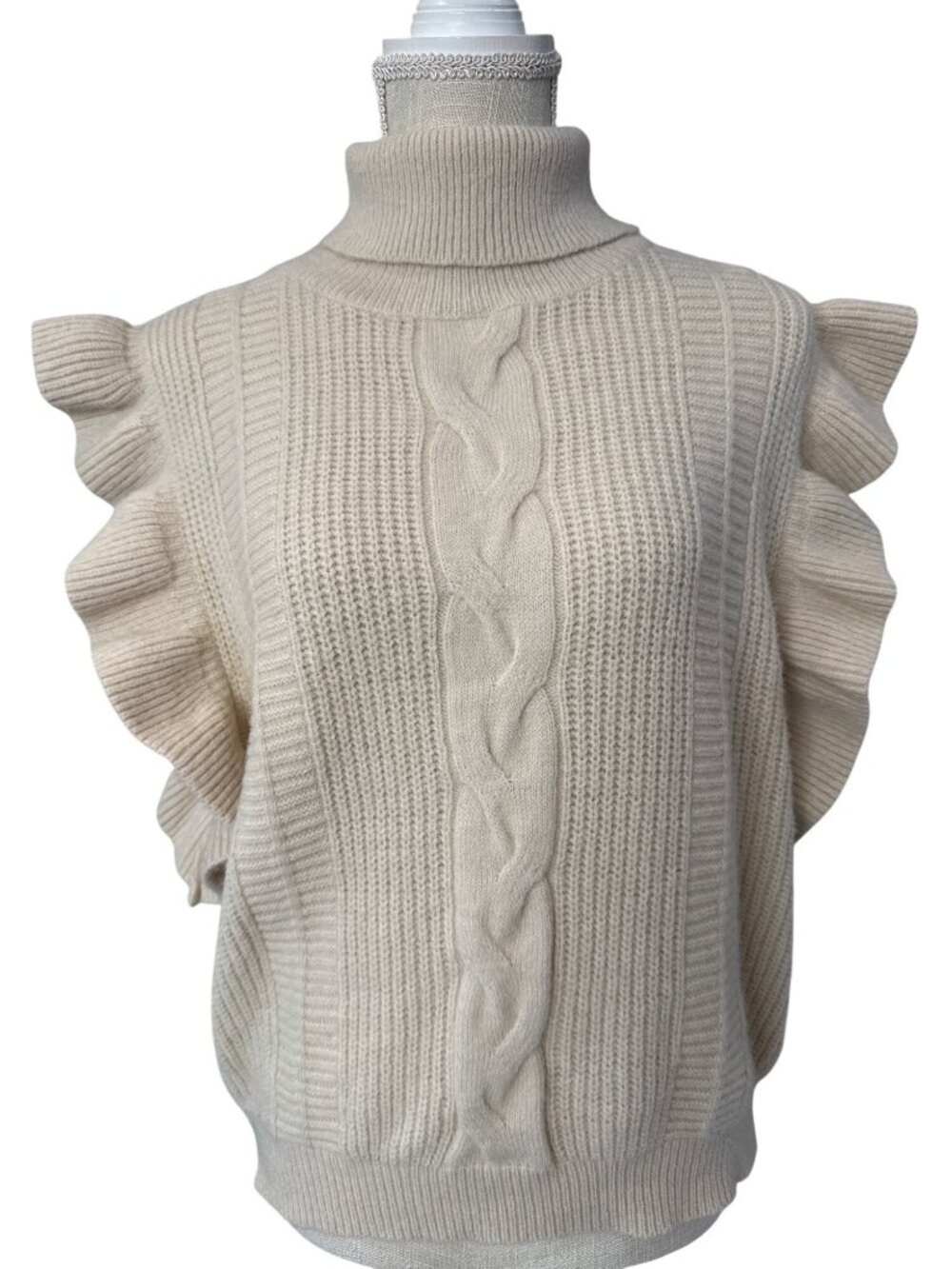 Entro Cozy Cream Cable Knit Turtleneck Sweater Vest W/Playful Ruffled Sleeves L